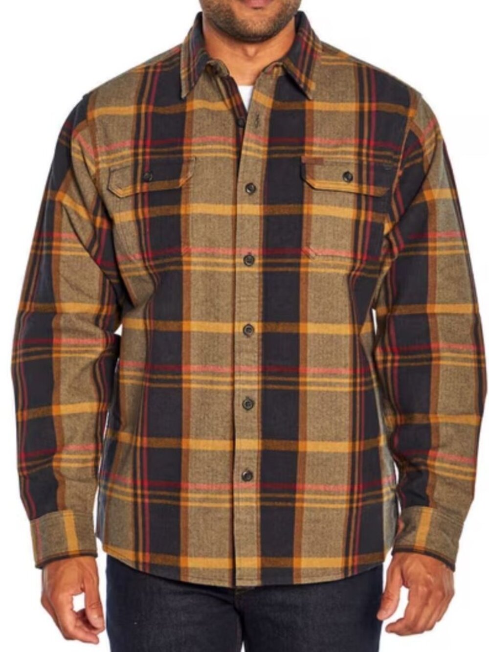 Orvis Heavyweight Plaid Flannel Shirt Jacket Earth Tone Brown Yellow Medium